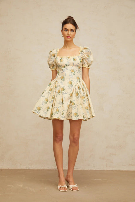 Franca Mini Dress Yellow Floral Shirred & Lace Trim Thigh - Length