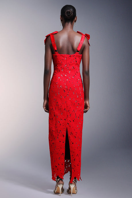 Franca Red Lace Detail Sleeveless Maxi Dress with Shoulder Bows for Special Occasions