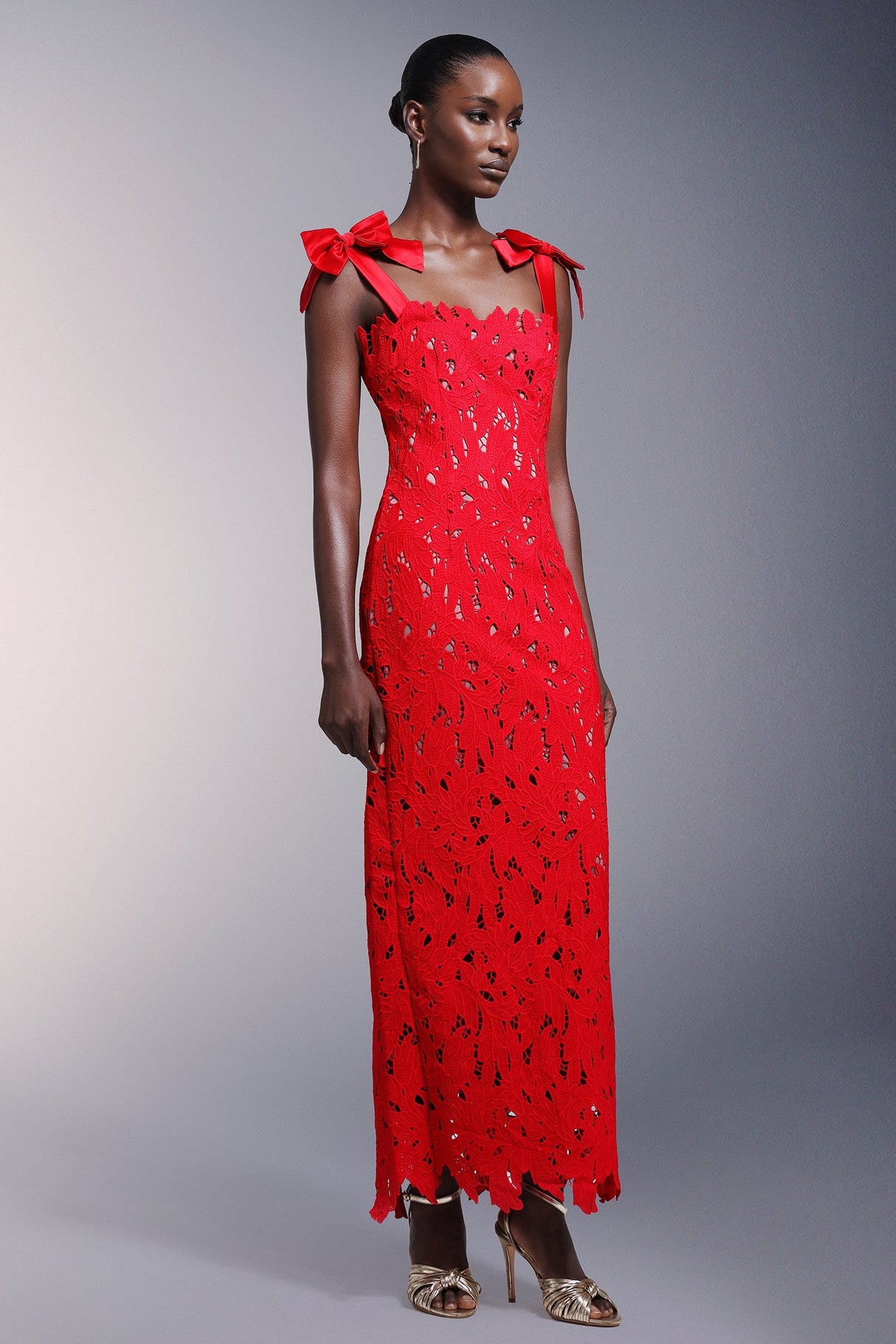 Franca Red Lace Detail Sleeveless Maxi Dress with Bow Shoulder Detail for Special Occasions