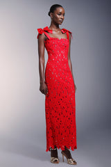 Franca Red Lace Detail Sleeveless Maxi Dress with Bow Shoulder Detail for Special Occasions