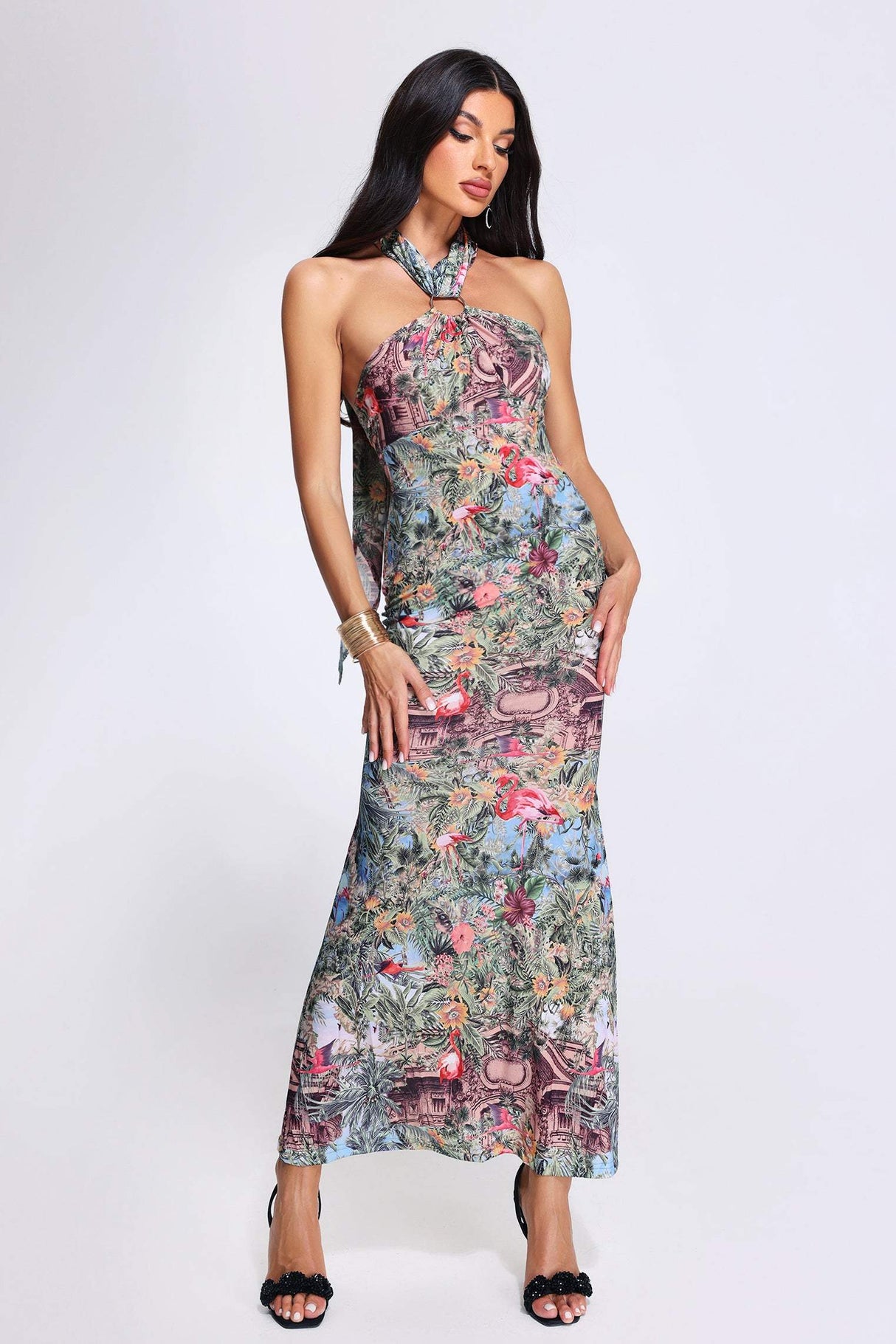 Frances multicolor tropical elegance halter neckline flora fauna soft breathable fabric flattering fit feel floor-length hem playful detailing beach wedding summer garden party stand out style