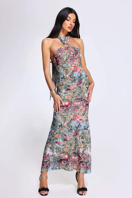 Frances multicolor tropical elegance halter neckline flora fauna soft breathable fabric flattering fit feel floor-length hem playful detailing beach wedding summer garden party stand out style