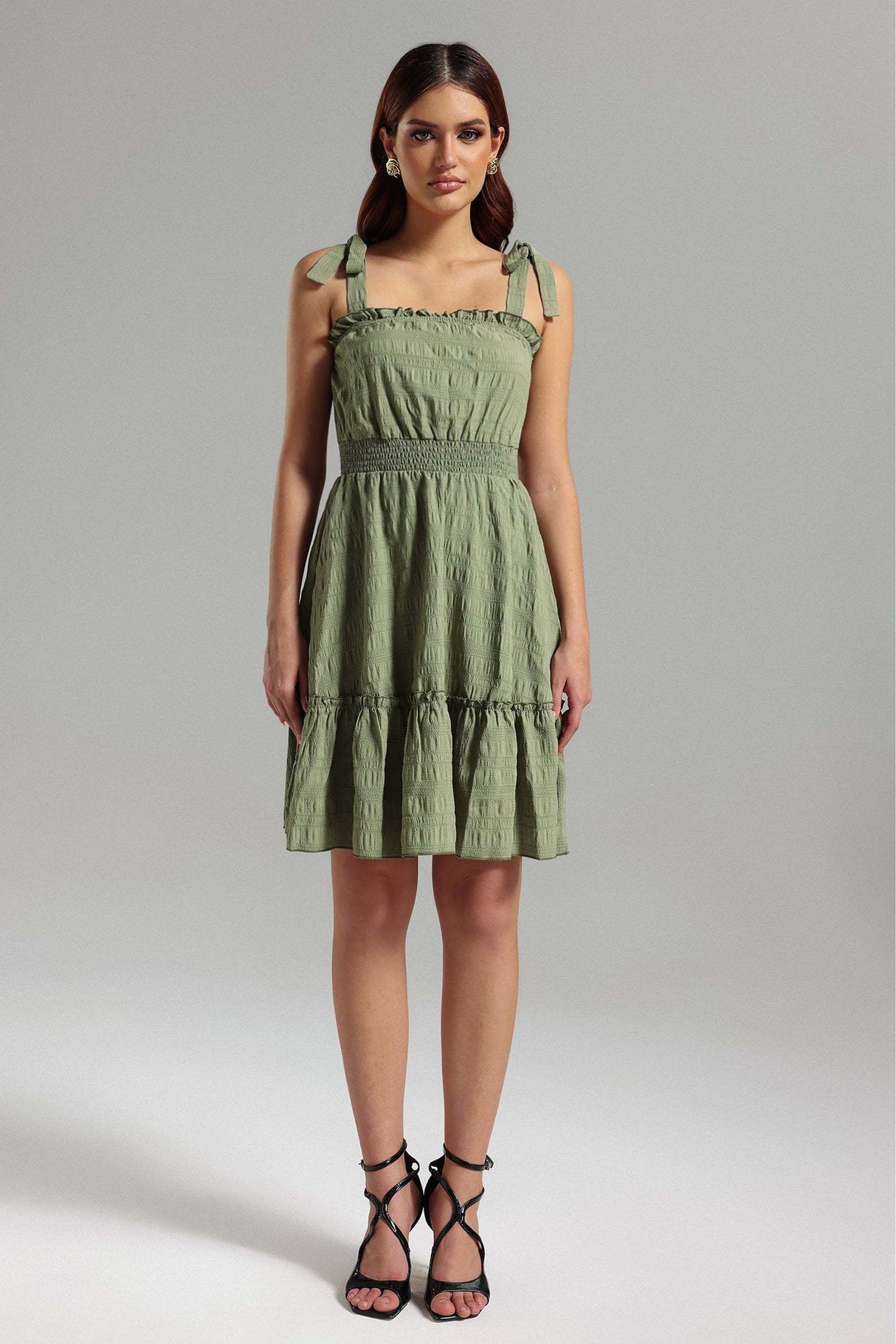 Frances Green Halter Smocked Waist Mini Dress Ruffled Detailing Flared Hem