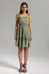 Frances Green Halter Smocked Waist Mini Dress Ruffled Detailing Flared Hem
