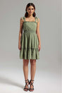 Frances Green Halter Smocked Waist Mini Dress Ruffled Detailing Flared Hem