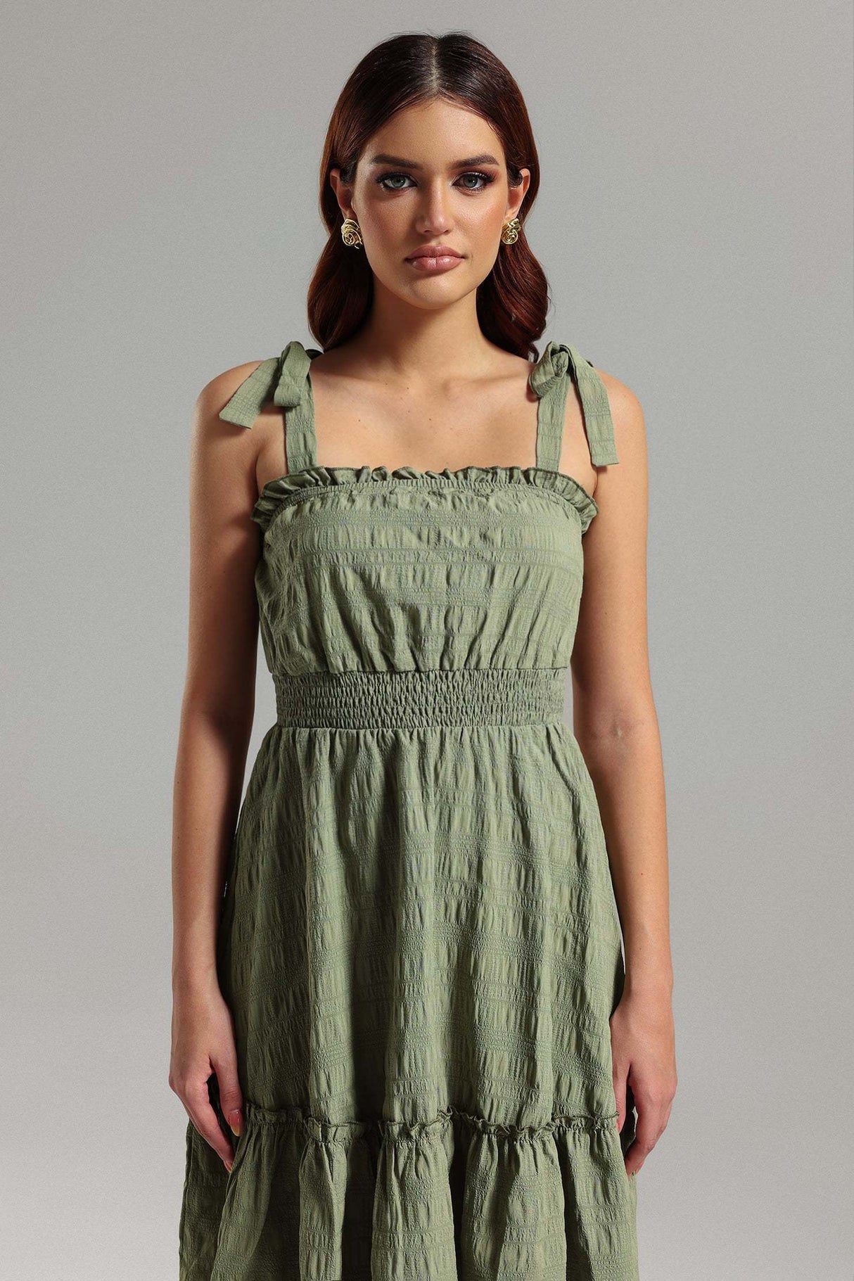 Frances Green Halter Smocked Waist Mini Dress Ruffled Detailing Flared Hem Adjustable Straps
