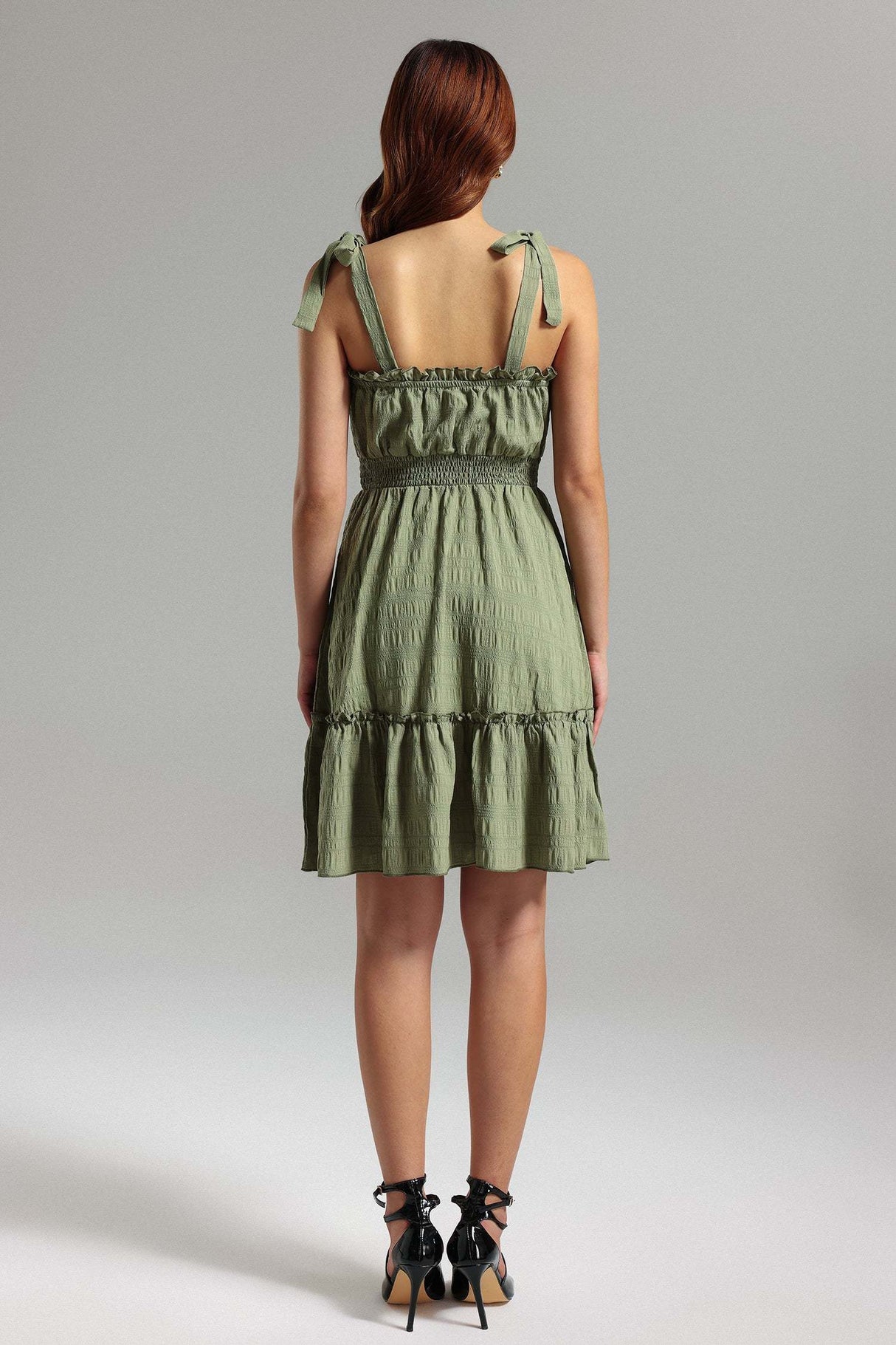 Frances Green Halter Smocked Waist Ruffled Mini Dress