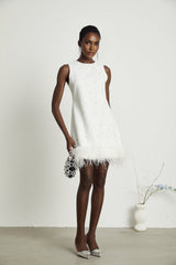 Frances Mini Dress - Sleeveless - Crystal and Feather Embellishments - Thigh Length