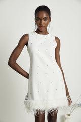 Frances Mini Dress - Sleeveless - Crystal and Feather Embellishments - Thigh Length