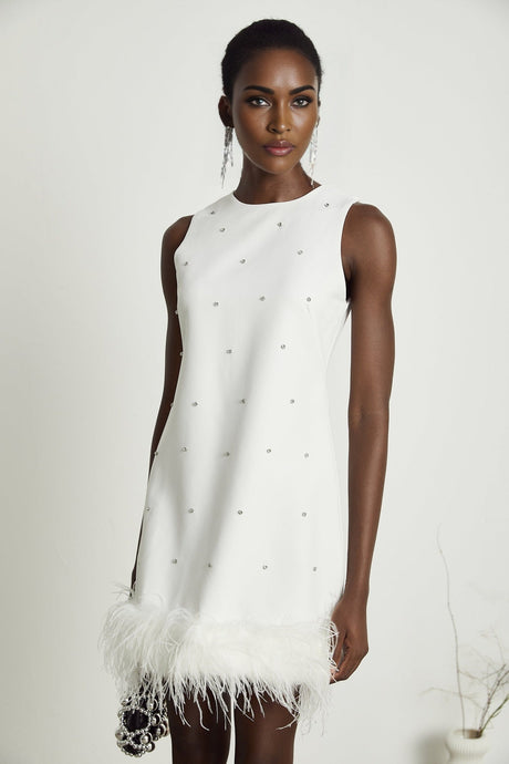 Frances Mini Dress - Sleeveless - Crystal and Feather Embellishments - Thigh Length