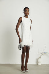 Frances Mini Dress - Sleeveless - Crystal and Feather Embellishments - Thigh Length