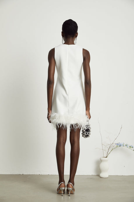 Frances Mini Dress - Sleeveless - Crystal and Feather Embellishments - Thigh Length