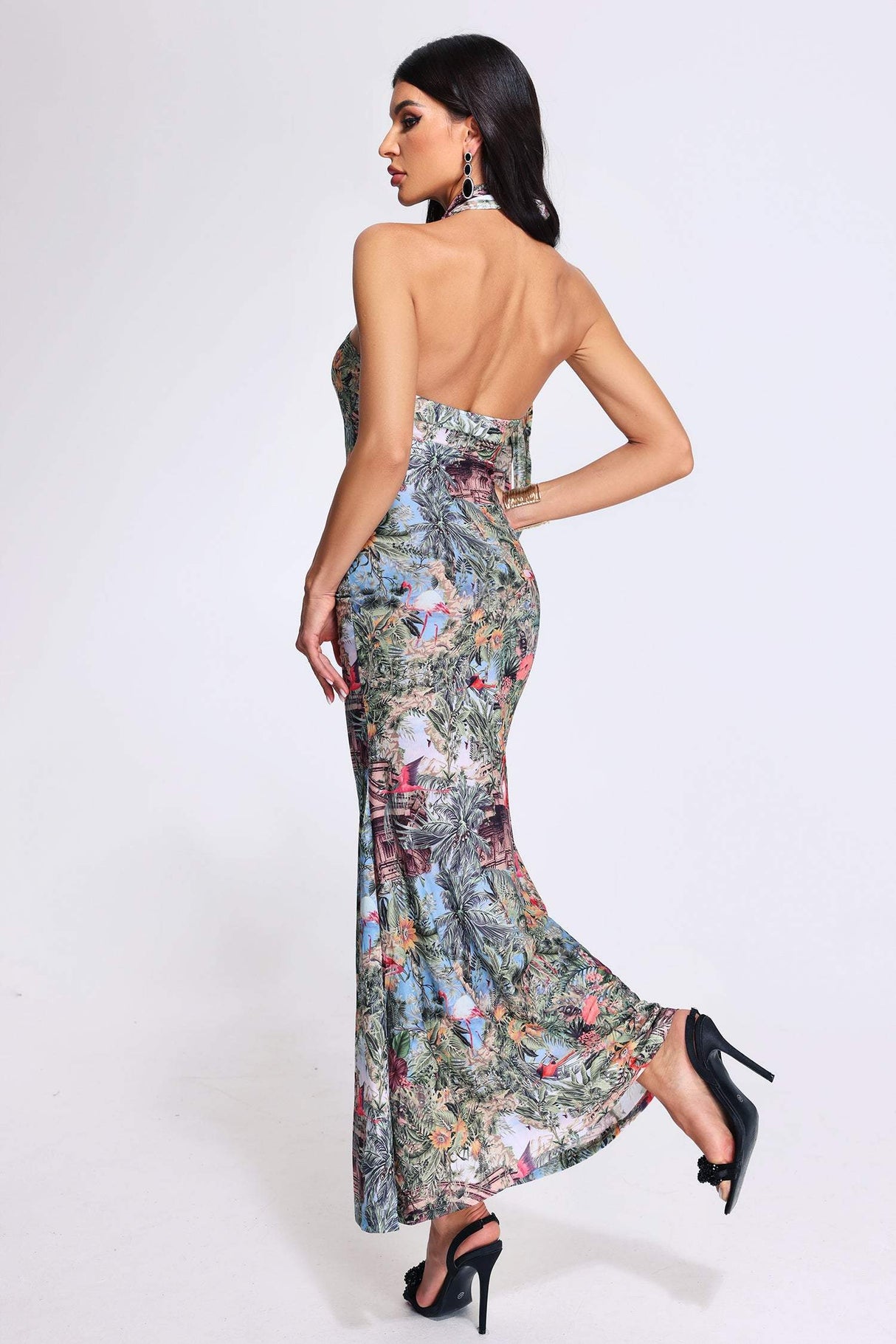 Frances Multicolor Tropical Halter Neckline Flora Fauna Dress
