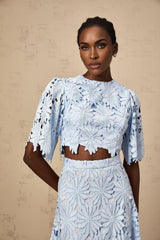 Frances Skirt & Top Set - Stylish Floral Embroidery - Cut - Out Detailing - Scallop Trim - Cropped Design