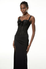 Francesca Black High Slit Floral Lace Maxi Dress