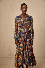 Francesca Bohemian Midi Dress - V - neck - Tied Waist - Graphic Print - Shirring Detailing