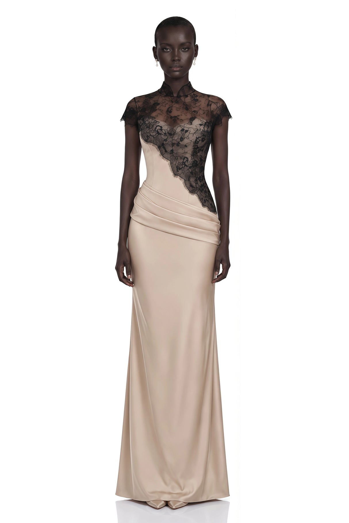 Francesca Neutral Ruched Maxi Dress  Lace Cape Set