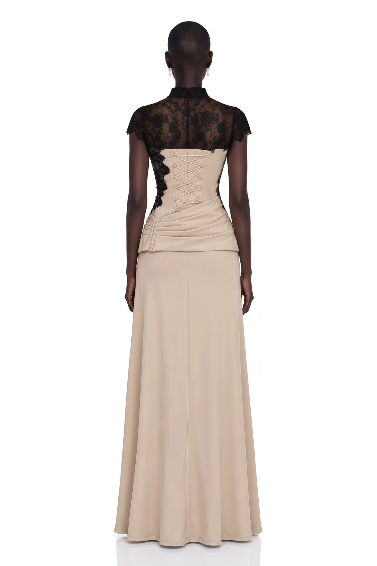 Francesca Neutral Ruched Maxi Dress  Lace Cape Set