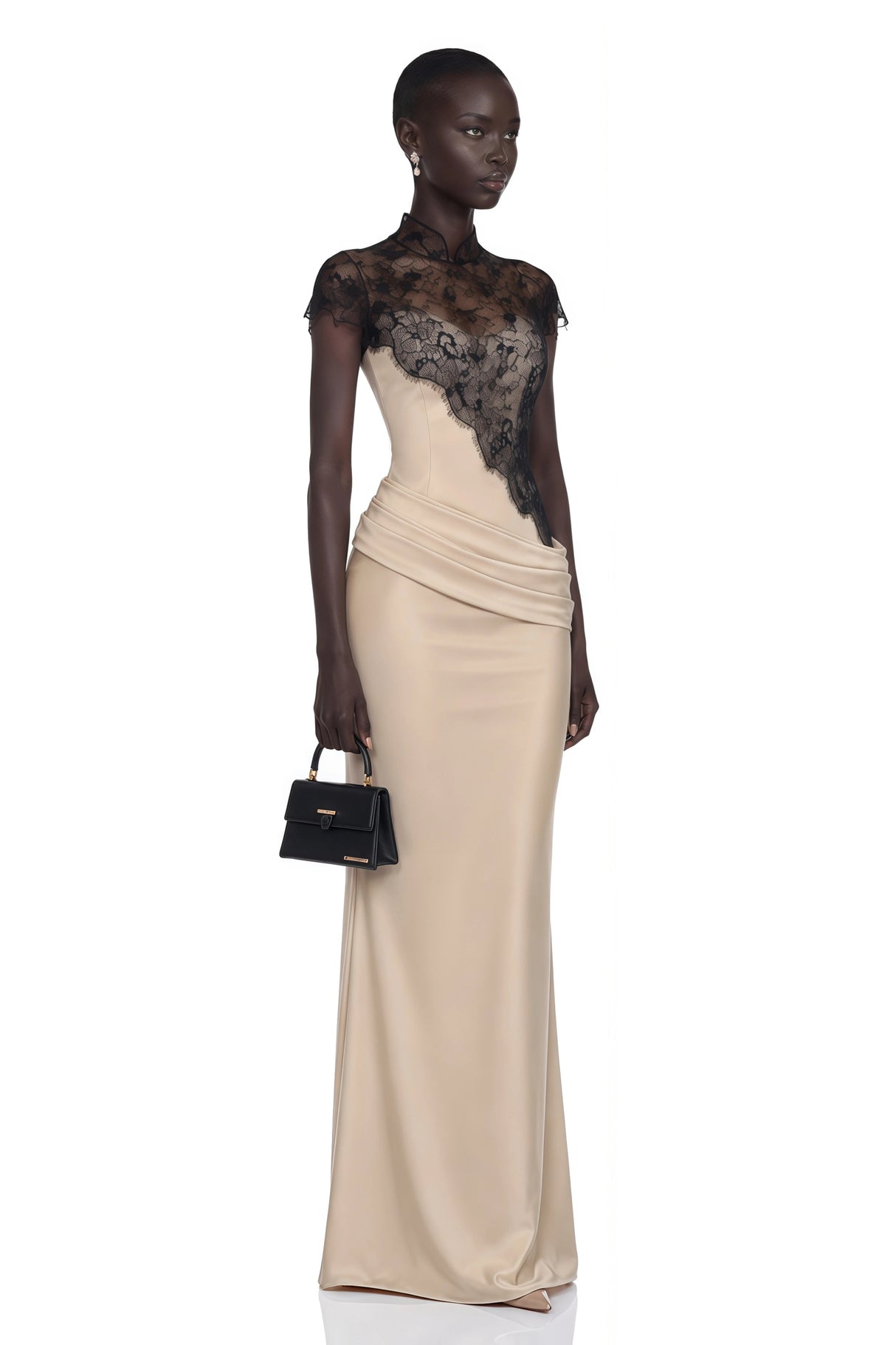 Francesca Neutral Ruched Maxi Dress  Lace Cape Set