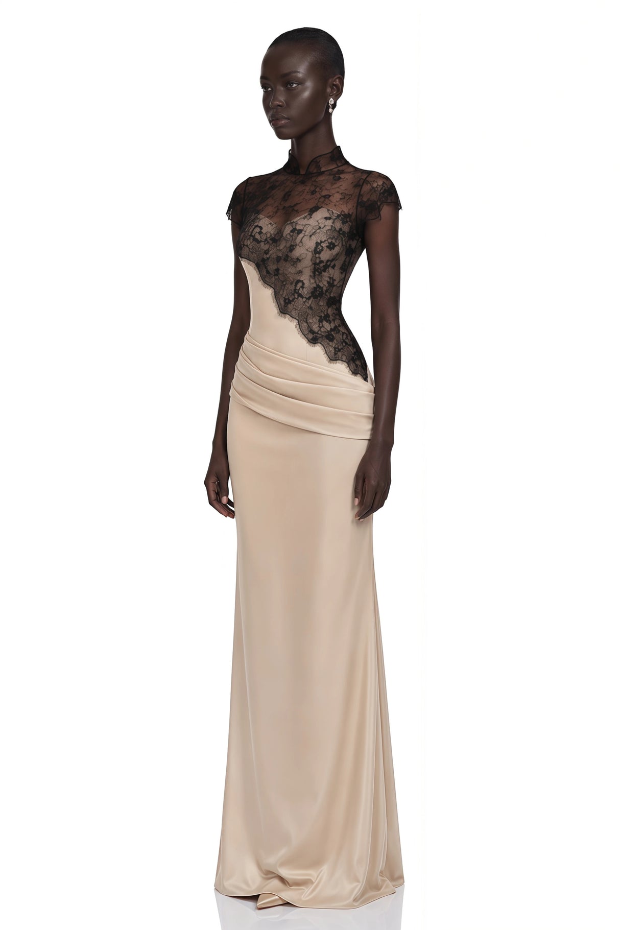 Francesca Neutral Ruched Maxi Dress  Lace Cape Set