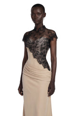 Francesca Neutral Ruched Maxi Dress  Lace Cape Set