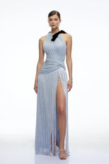 Francesca Silver Fringe Maxi Dress with Bow