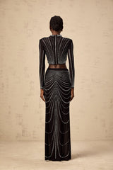 Francesca Skirt & Top Set - Mesh - Rhinestone Embellishment - Long Sleeve - Maxi Length