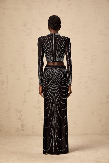 Francesca Skirt & Top Set - Mesh - Rhinestone Embellishment - Long Sleeve - Maxi Length