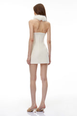 Francesca White Halterneck Mini Dress with Faux Fur