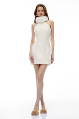 Francesca White Halterneck Mini Dress with Faux Fur