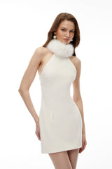 Francesca White Halterneck Mini Dress with Faux Fur
