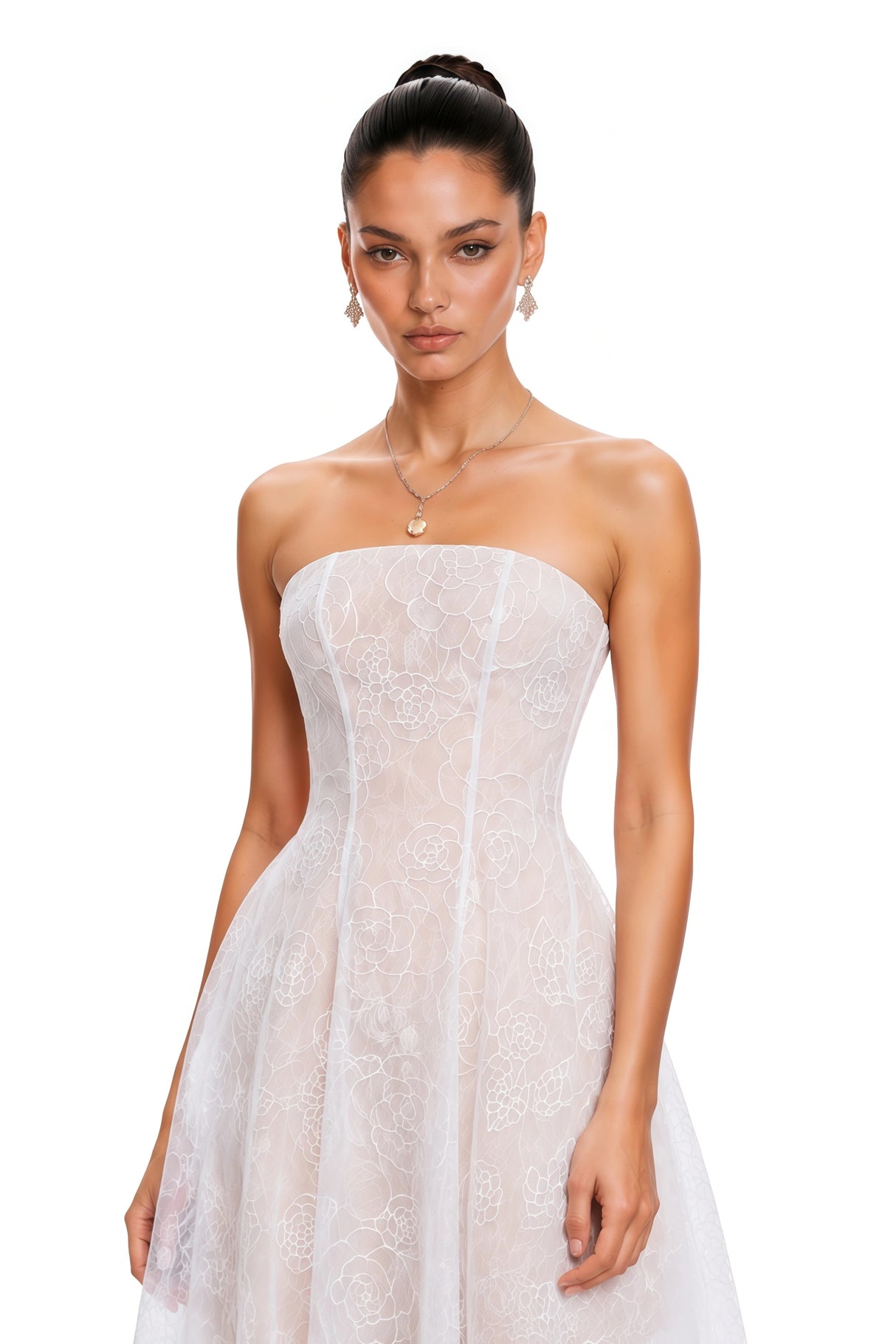 Francesca White Strapless Floral Lace ALine Maxi Dress