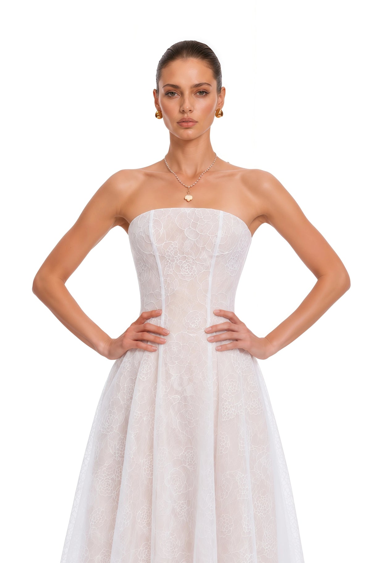 Francesca White Strapless Floral Lace ALine Maxi Dress