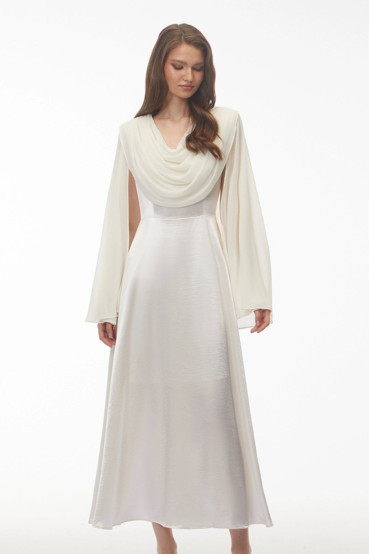 Francine Ivory Draped Neck Maxi Dress with Cape Sleeves