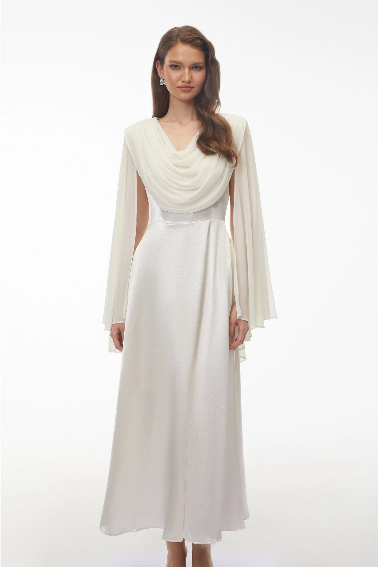 Francine Ivory Draped Neck Maxi Dress with Cape Sleeves