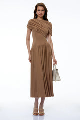 Francine Khaki Asymmetrical Ruched Midi Dress