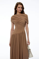 Francine Khaki Asymmetrical Ruched Midi Dress