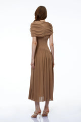 Francine Khaki Asymmetrical Ruched Midi Dress