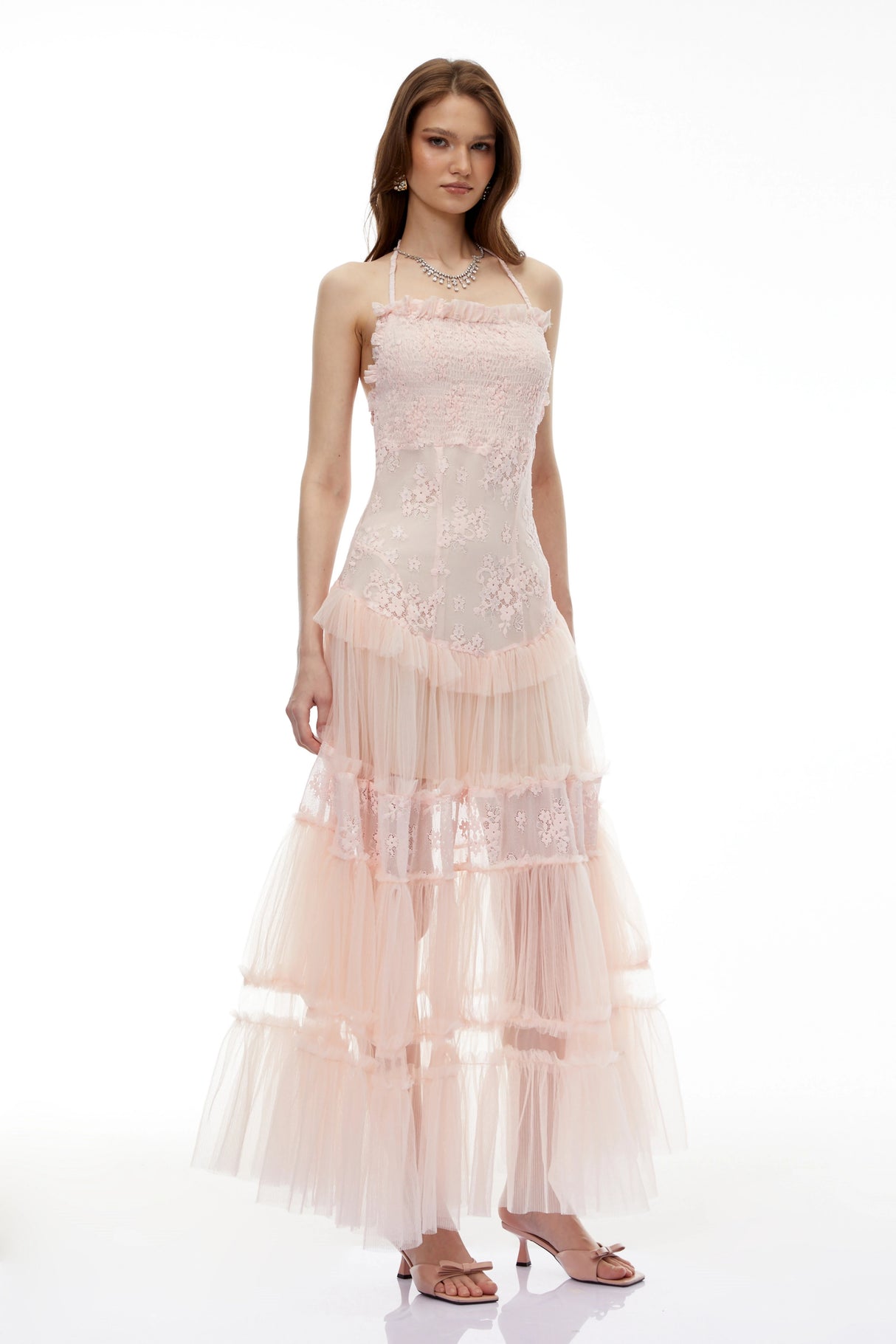Francine Pink Floral Lace Tiered Maxi Dress