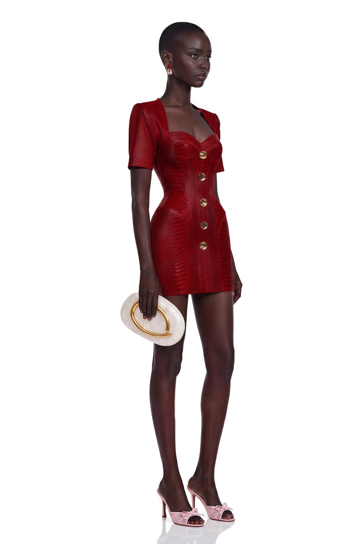 Frankie Red Leather Mini Dress with Decorative Buttons
