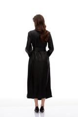 Frederica Black Belted Textured Leather Coat