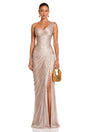 Frederica Champagne One Shoulder Pleated Maxi Dress
