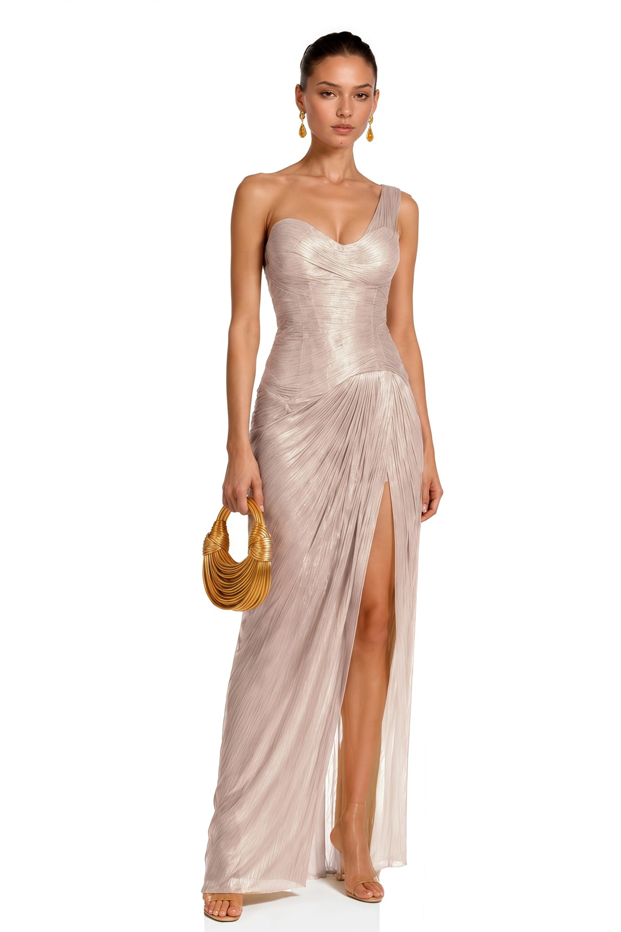 Frederica Champagne One Shoulder Pleated Maxi Dress