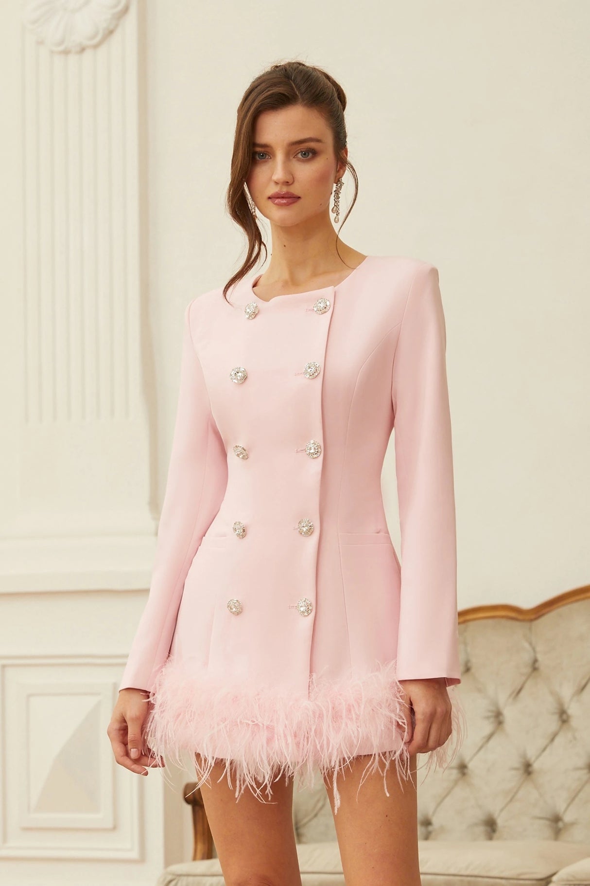 Freja Pink Feather Trim Mini Blazer Dress