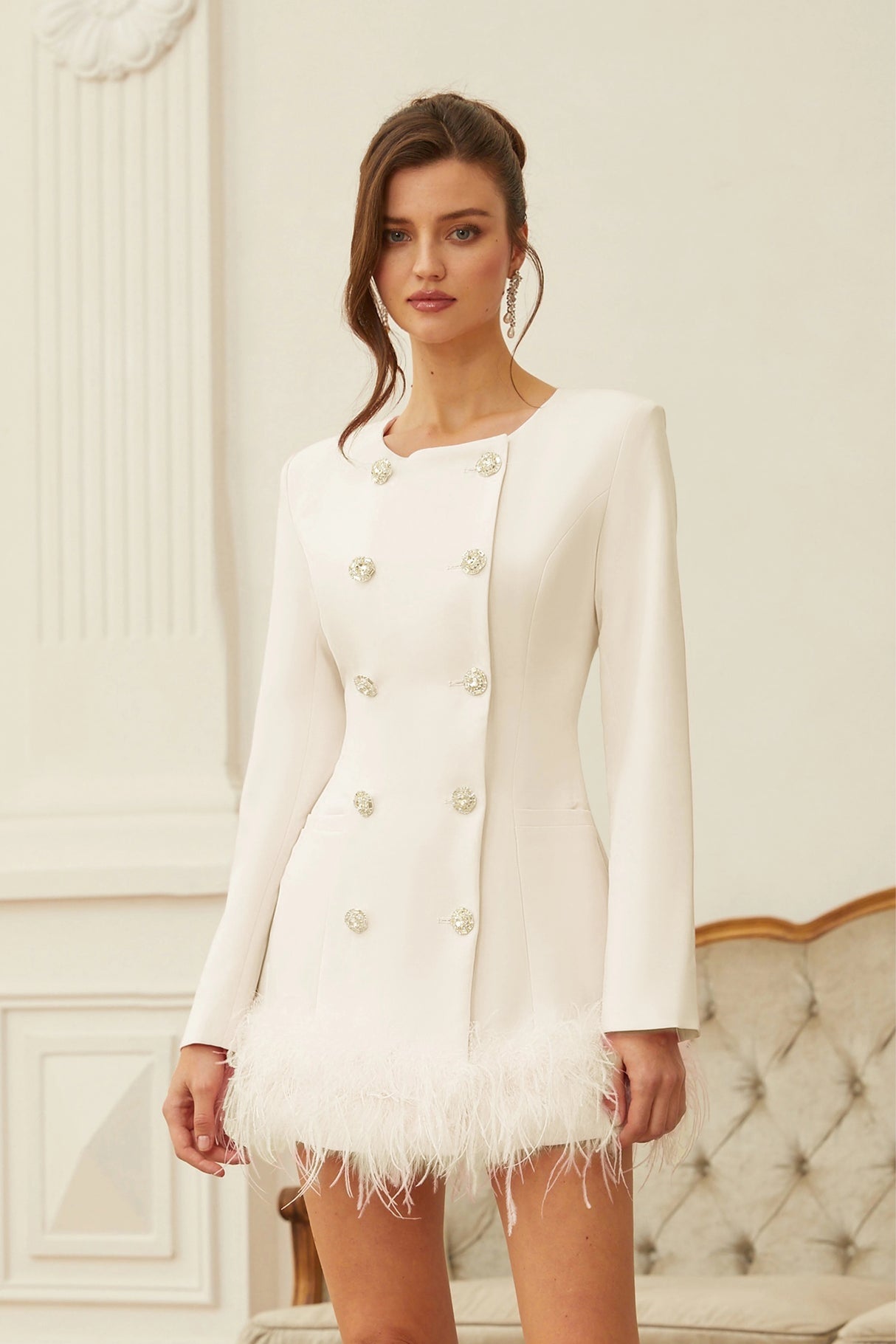 Freja White Feather Trim Mini Blazer Dress