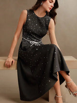 French Luxury DiamondStudded Elegant Waist ALine Dress Modest Clothes For Women SpringSummer