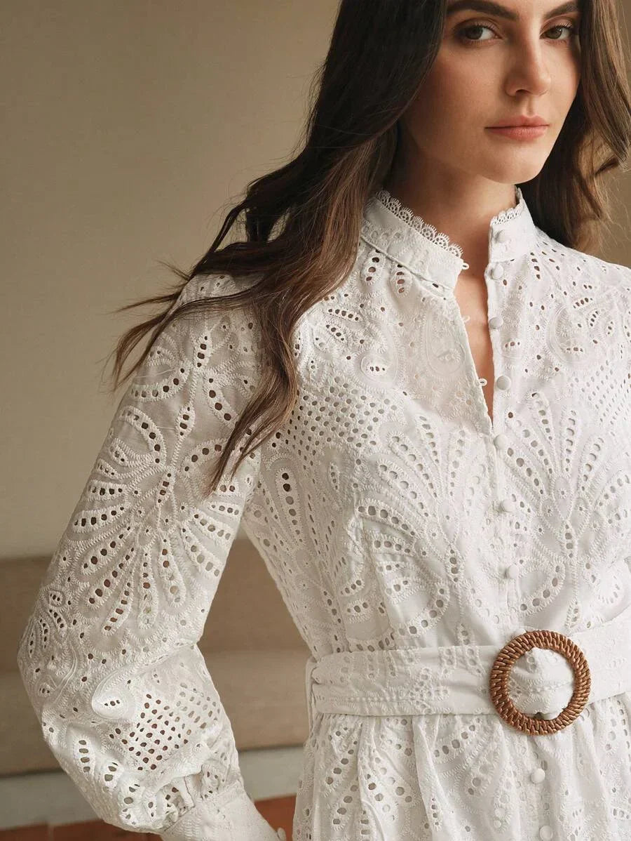 French Palace Style Hollow Crochet Embroidery Button Down Water Soluble Floral Waist Belt Fitted