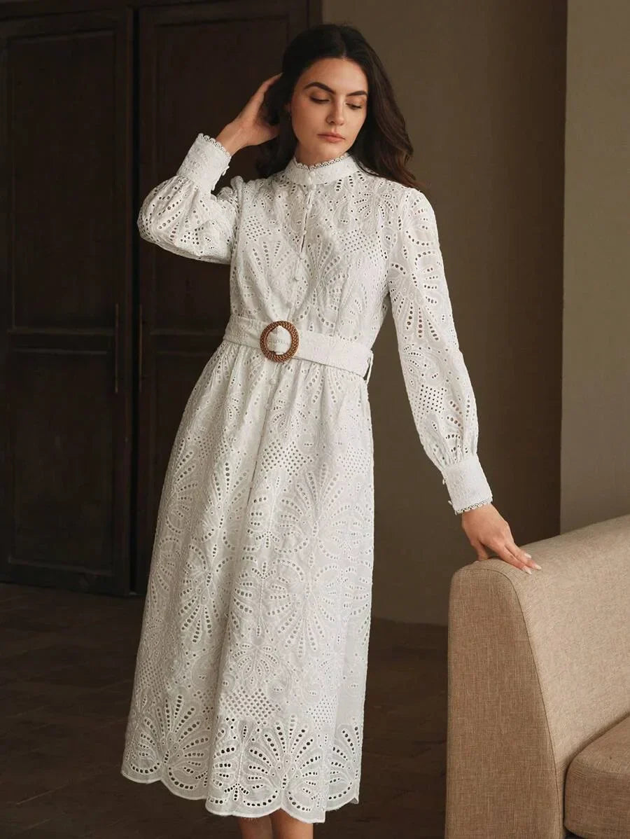 French Palace Style Hollow Crochet Embroidery Button Down Water Soluble Floral Waist Belt Fitted