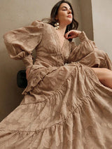 French Style Ruched VNeck Puff Sleeve Elegant Slim Fit Dress Maxi Women Outfit