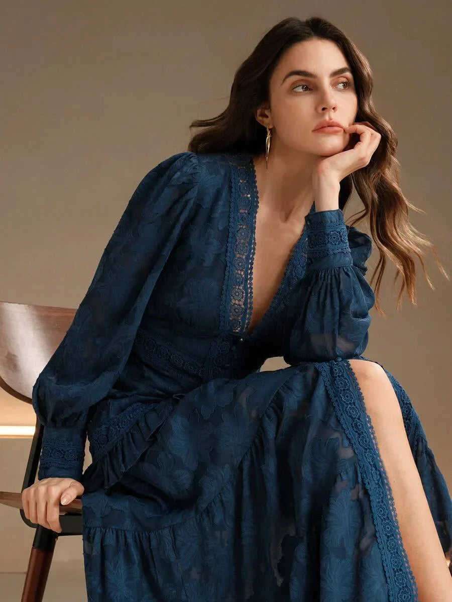 French Style Ruched VNeck Puff Sleeve Elegant Slim Fit Dress Maxi Women Outfit